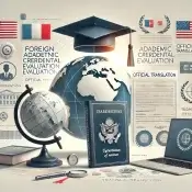 Documentos académicos, diplomas, y un globo representando la evaluación de credenciales extranjeras y traducciones oficiales.